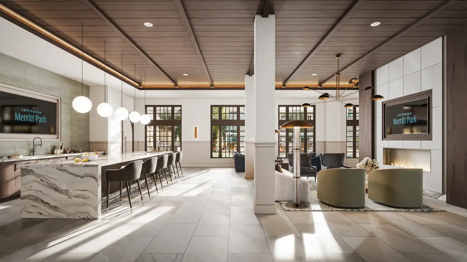 Modern resident lounge with bar seating and fireplace at Jefferson Merritt Park apartments in Rowlett, TX.