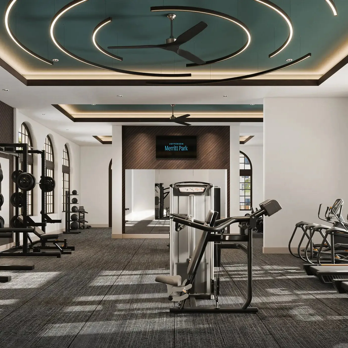 State-of-the-art fitness center at Jefferson Merritt Park featuring modern cardio machines and strength training equipment in Rowlett.