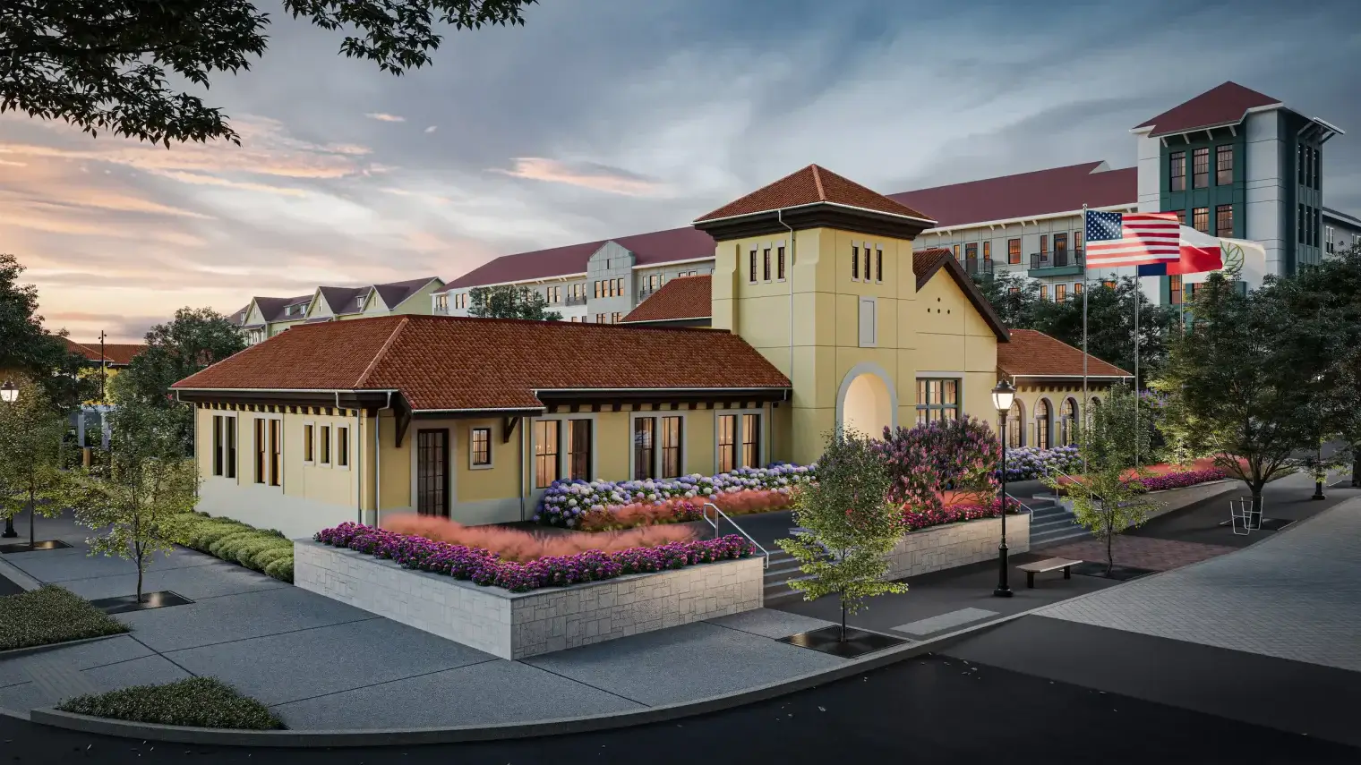 Exterior entrance with landscaped gardens at Jefferson Merritt Park apartments in Rowlett, TX.